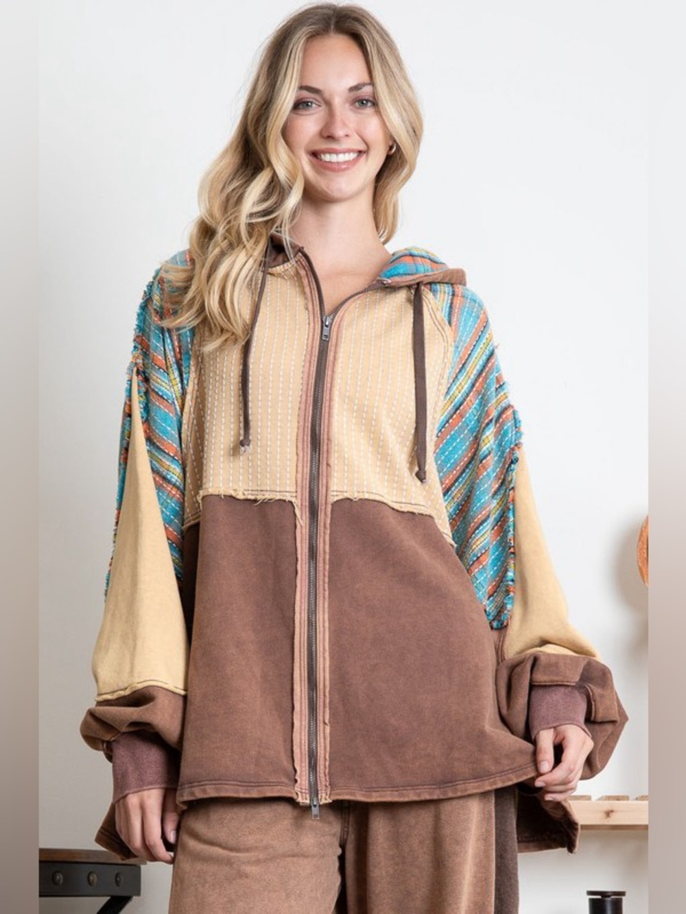 Colorblock Hooded Bomber Jacket in Brown, Tan & Teal